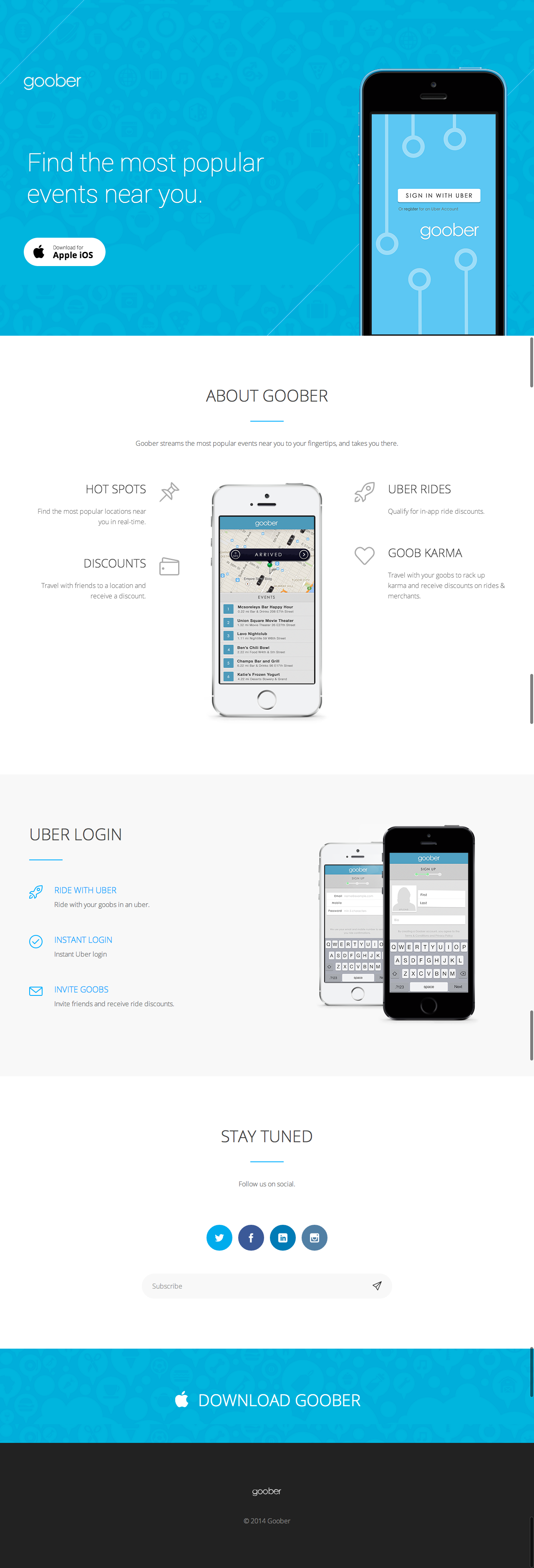 Complete Goober product landing page explaining nearby events and Uber integration