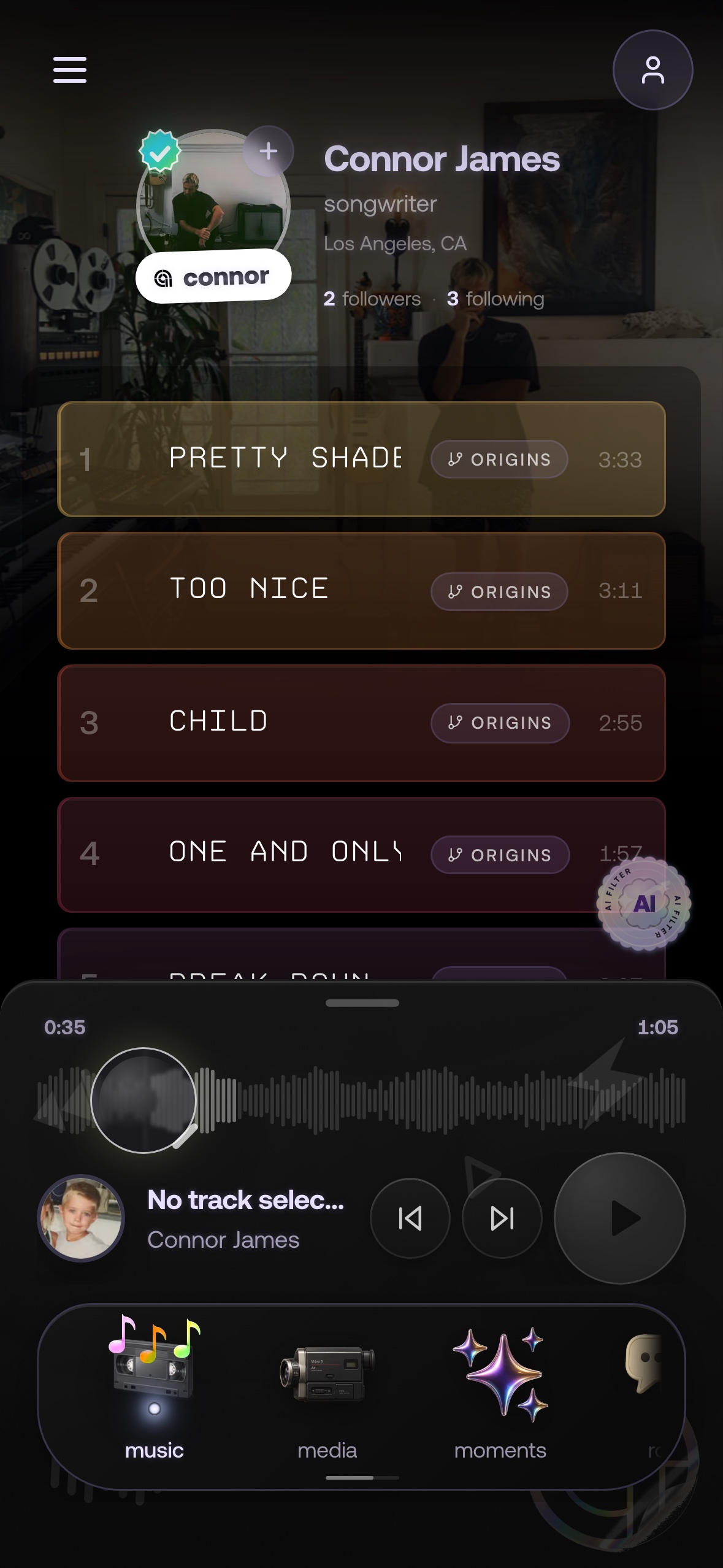 Live Connor James mobile Casset with release, tracks, Origins, player, and navigation