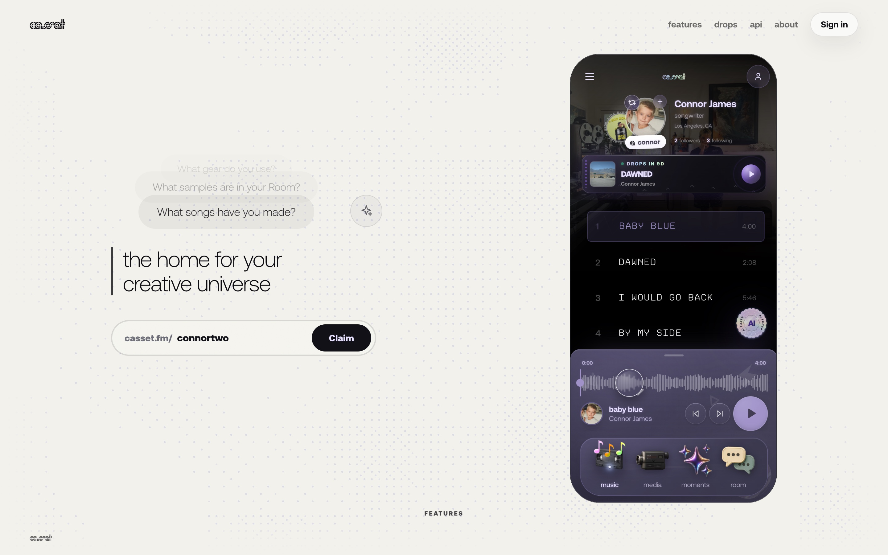 Casset artist world with a profile, release player, and creative-universe landing experience