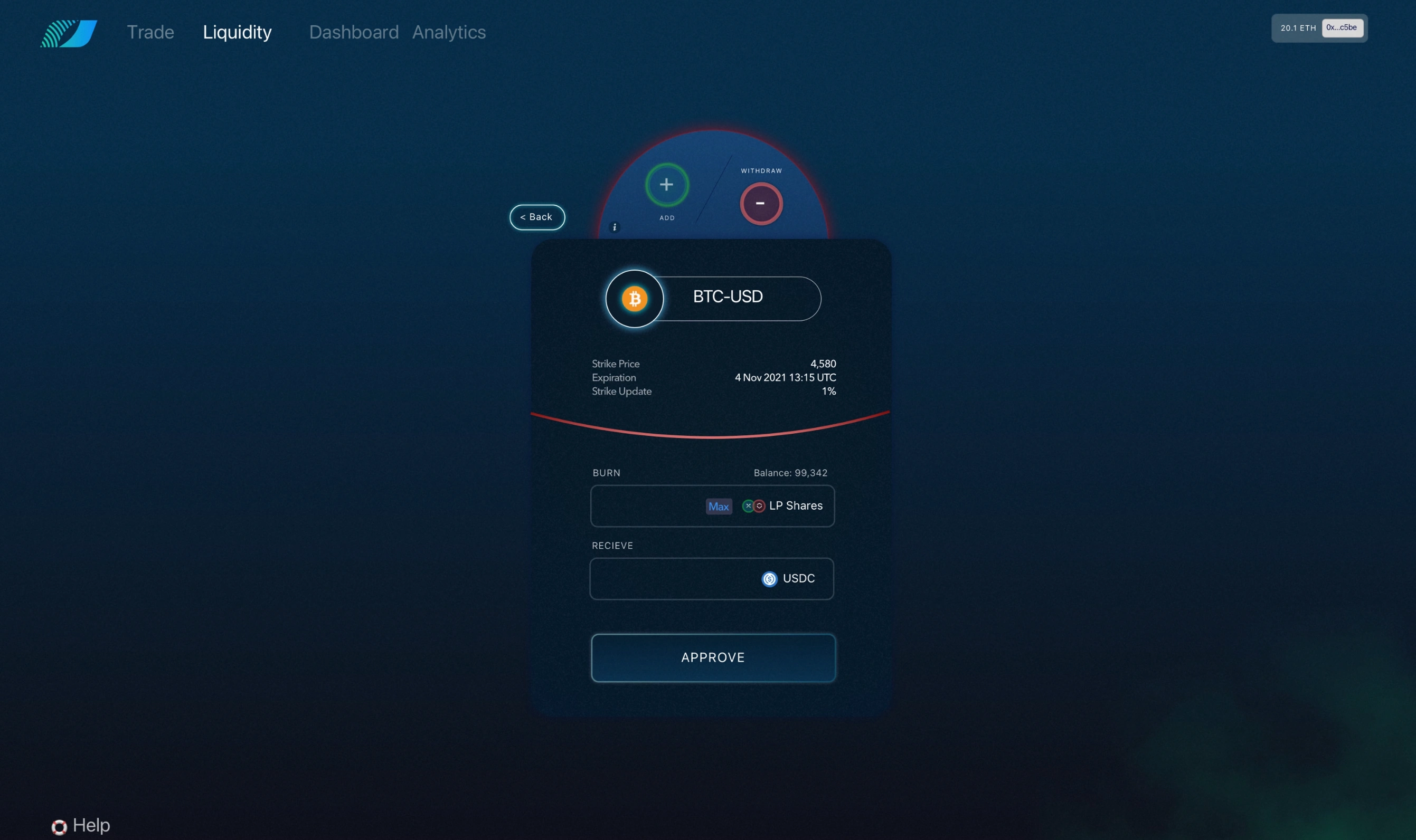 Divergence Liquidity withdrawal interface with BTC-USD pool details, LP shares, and USDC receive amount