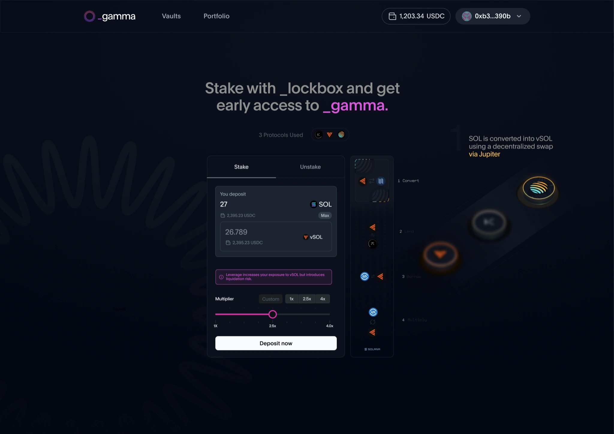 Gamma Lockbox staking and early-access interface with deposit, rewards, and eligibility context