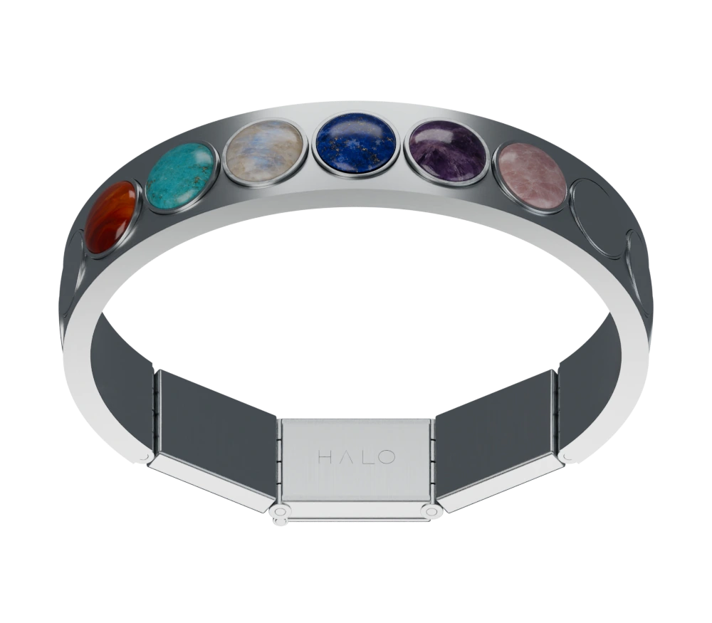 Halo bracelet visualization with six natural stones and remaining steel pellets