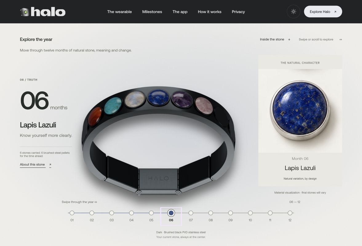 Halo interactive year explorer linking a month to its natural stone and accumulating bracelet