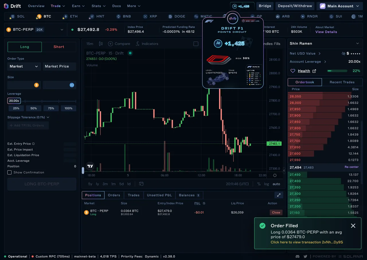 Drift trading interface with an expanded F1 points badge