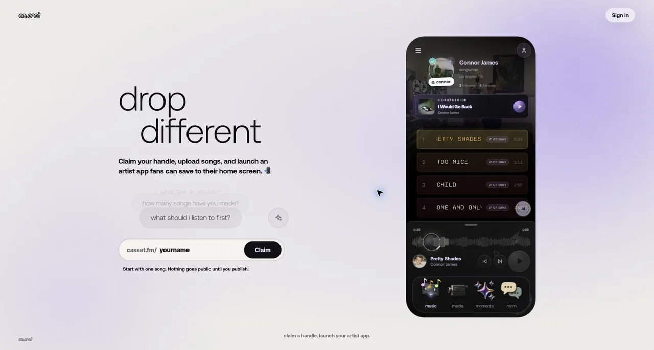 Casset landing page with handle claim and a live artist-app preview