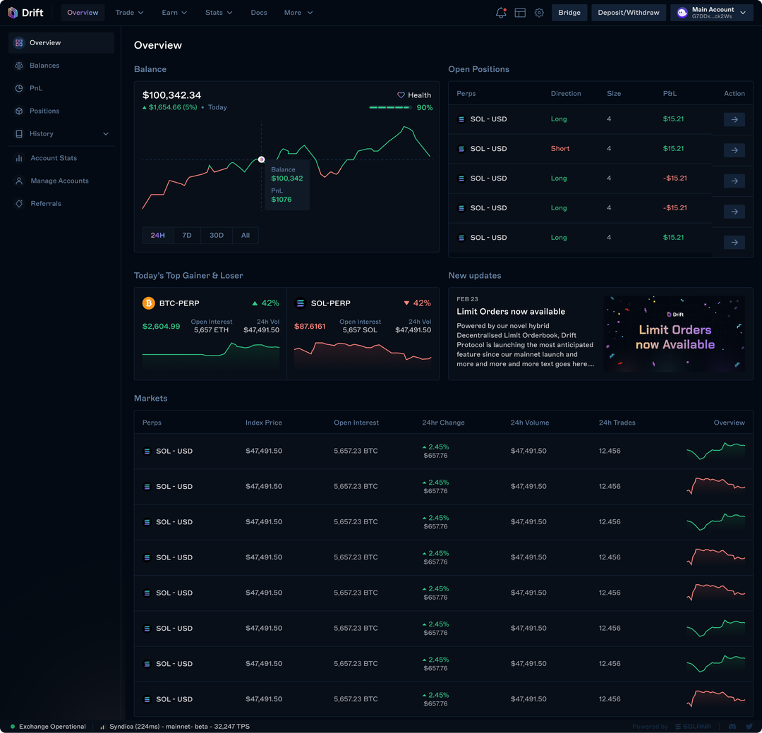 Existing Drift desktop portfolio design reference showing balances, performance, open positions, and market information.