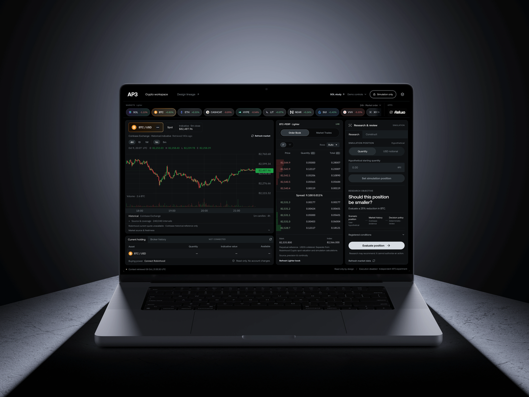 AP3’s crypto research workspace shown on a laptop on a stone table