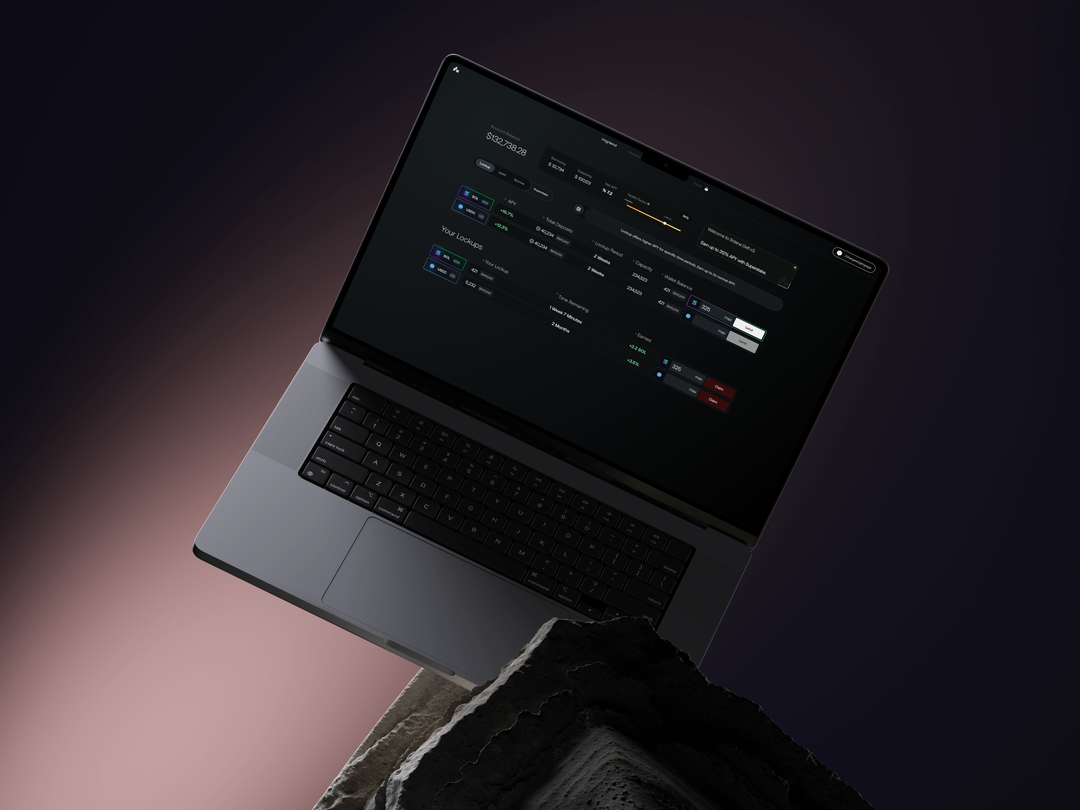 The mrgnlend lockup interface on an angled laptop above a dark rock