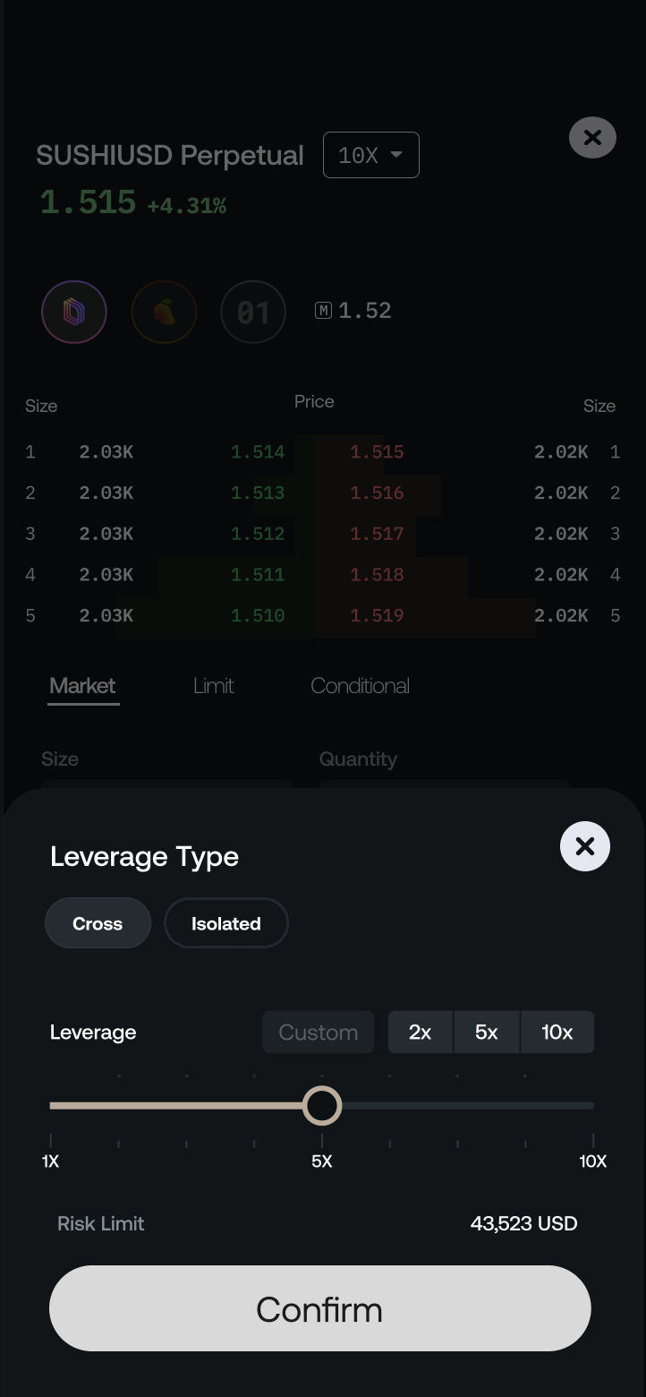 xNFT App leverage sheet with Cross and Isolated choices, leverage slider, risk limit, and confirmation