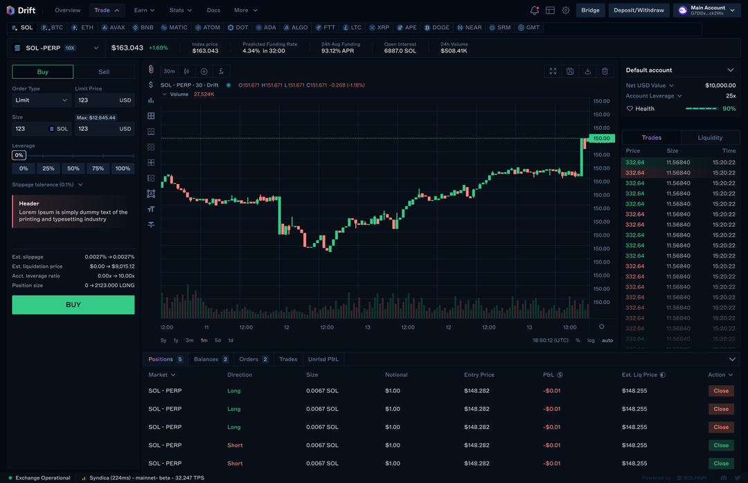 Existing Drift desktop trading design reference with an order form, SOL price chart, account information, and positions.