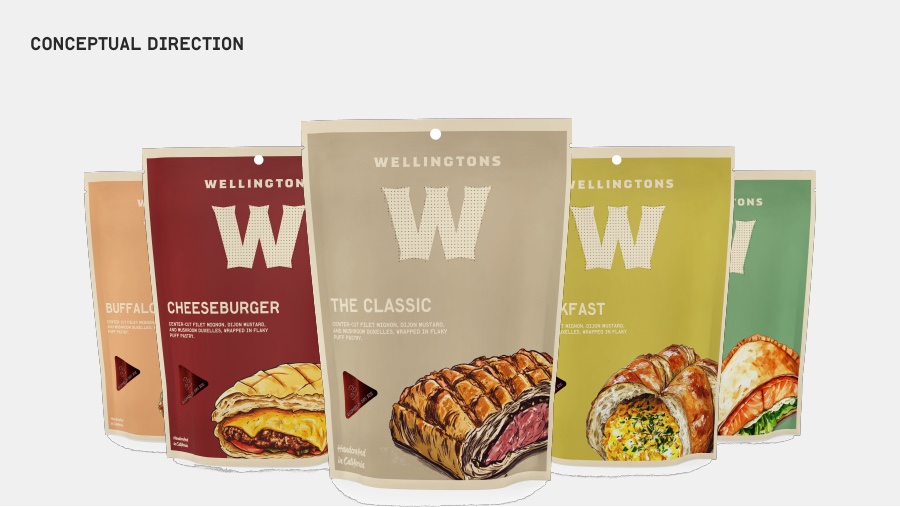 Wellingtons conceptual packaging direction with oversized W monograms and food illustrations
